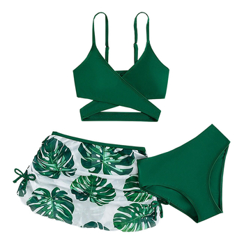 Σετ μαγιό για κορίτσια από τρία τεμάχια, φλοράλ σχέδιο, ύφασμα πολυεστέρα με επένδυση πολυεστέρα, κατάλληλο για κολύμβηση