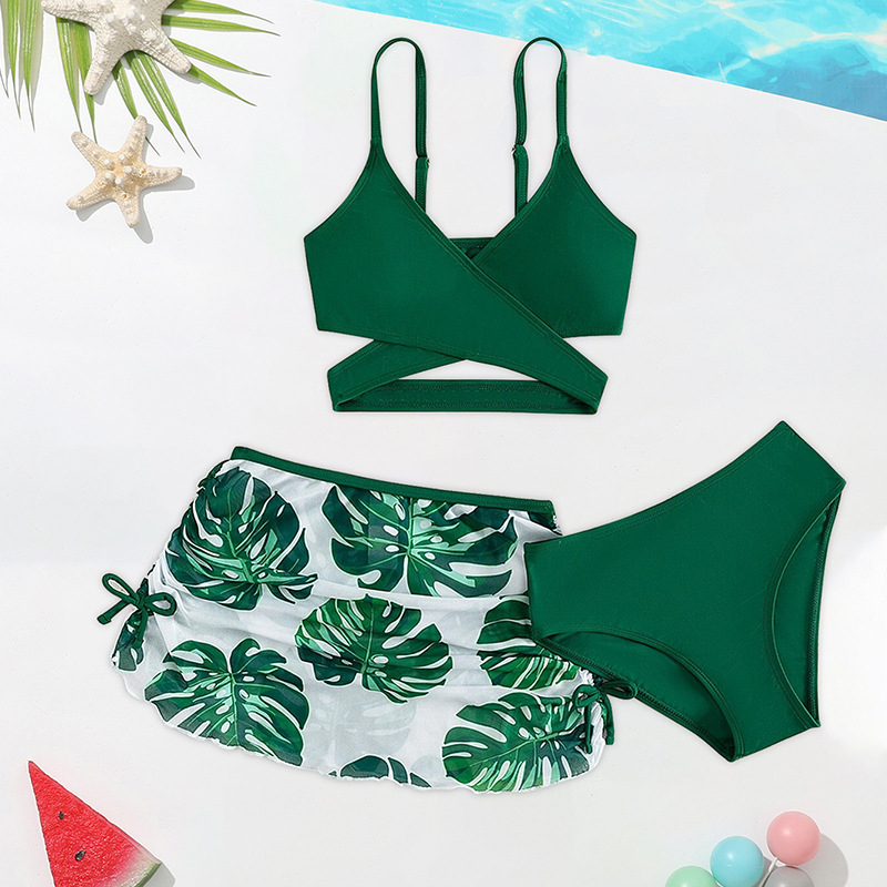 Σετ μαγιό για κορίτσια από τρία τεμάχια, φλοράλ σχέδιο, ύφασμα πολυεστέρα με επένδυση πολυεστέρα, κατάλληλο για κολύμβηση