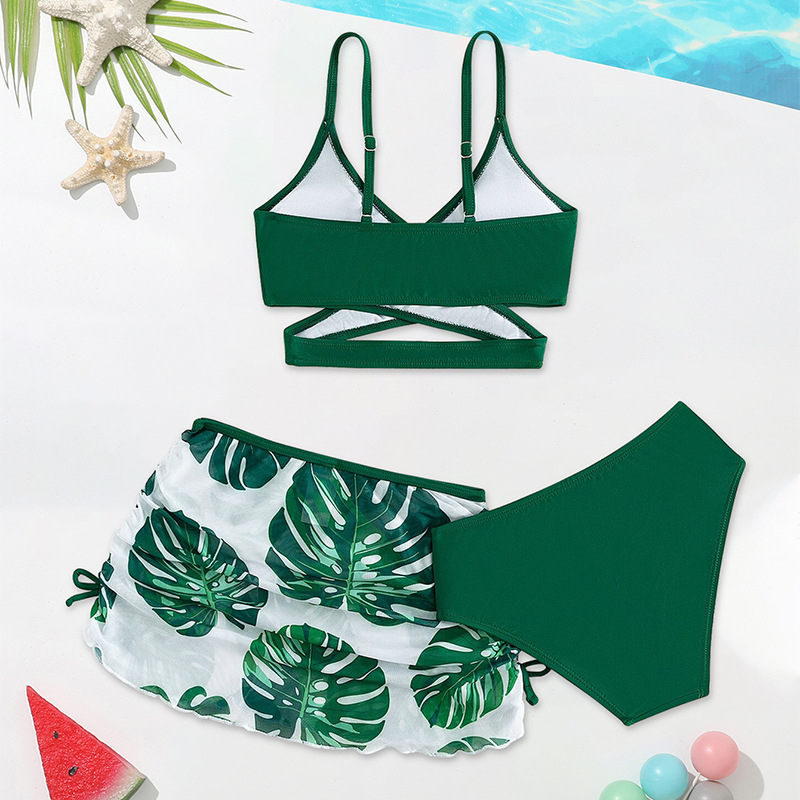 Σετ μαγιό για κορίτσια από τρία τεμάχια, φλοράλ σχέδιο, ύφασμα πολυεστέρα με επένδυση πολυεστέρα, κατάλληλο για κολύμβηση