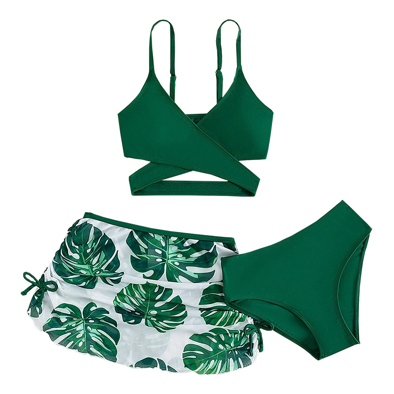 Σετ μαγιό για κορίτσια από τρία τεμάχια, φλοράλ σχέδιο, ύφασμα πολυεστέρα με επένδυση πολυεστέρα, κατάλληλο για κολύμβηση