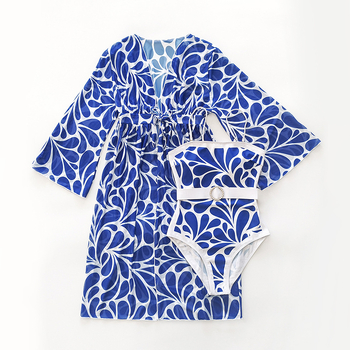 Moterų paplūdimio maudymosi kostiumėlis su spauda ir UV apsauga, 1 dalių ir 2 dalių komplektas, 82% poliesterio