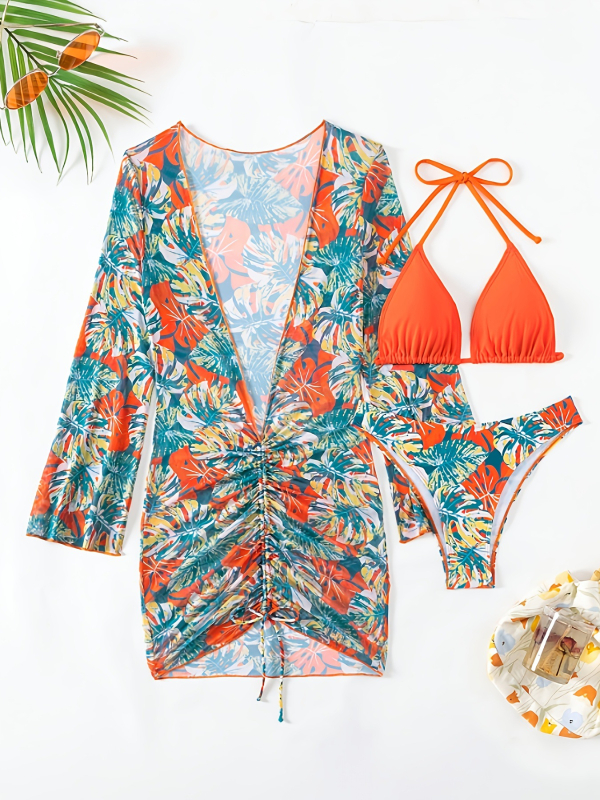 Háromrészes bikiniszett; hát nélküli dizájn, magas rugalmasság; párnázott kosár és merevítő nélkül; anyag: 100% poliészter; bélés: 94% poliészter; súly: 195 g; alsó rész: briefs