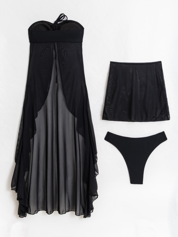 Τριών τμημάτων μαγιό μπικίνι με διχτυωτό ύφασμα, κορδόνι στο τοπ, πολυεστέρας, γρήγορο στέγνωμα, υψηλή ελαστικότητα, επένδυση για το στήθος