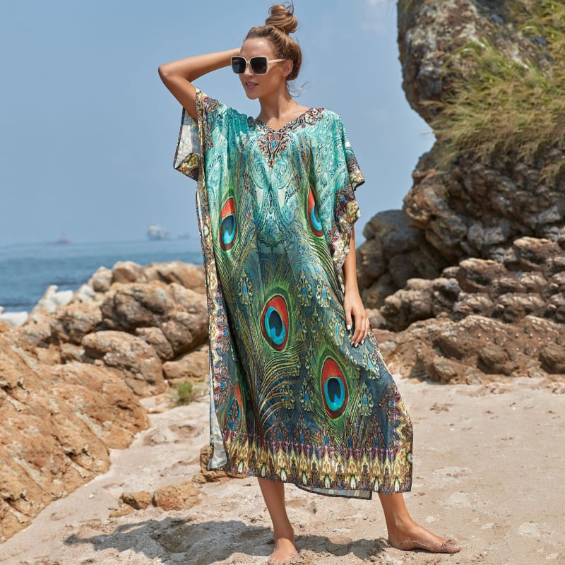 Ρόμπα κάλυψης παραλίας για μαγιό με εκτύπωση φτερών πουλιών, γρήγορο στέγνωμα πολυεστέρα, 100% πολυεστέρας, βάρος 200 g