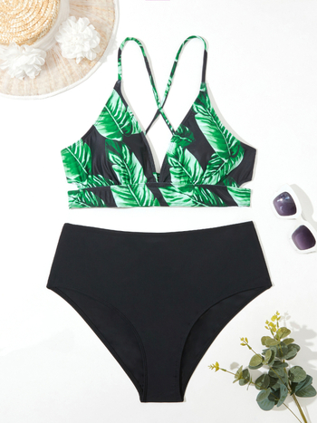 Dvodjelni bikini s otiskom, visokim strukom, otvorenim leđima