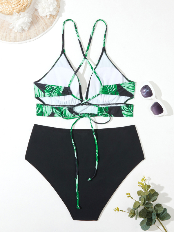 Dvodjelni bikini s otiskom, visokim strukom, otvorenim leđima