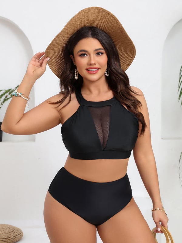 Set de bikini din două piese, fără spate, fără mâneci, cu cupe pentru sâni, din poliester