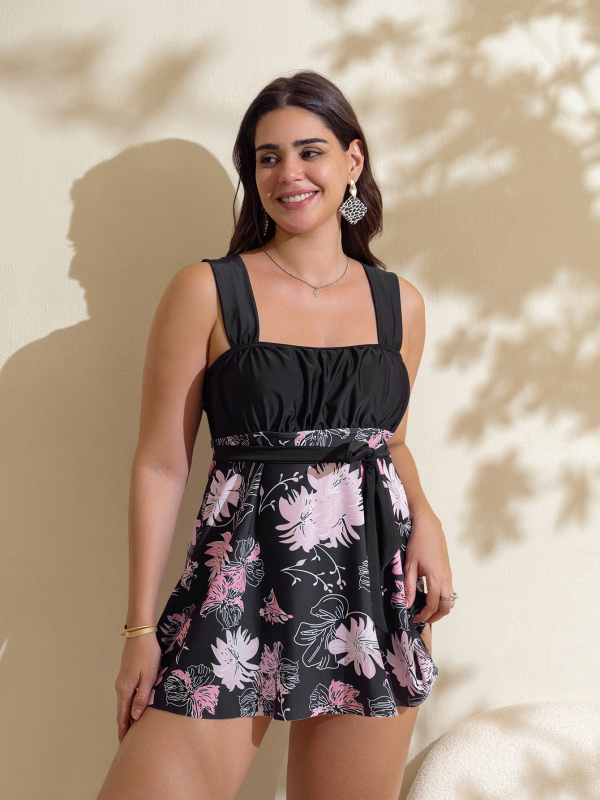 Женски бански костюм със пола-юбка и разделен дизайн, дигитален принт, подплатен бюст без метална опора, нейлонова материя, полиестерна подплата, за плуване