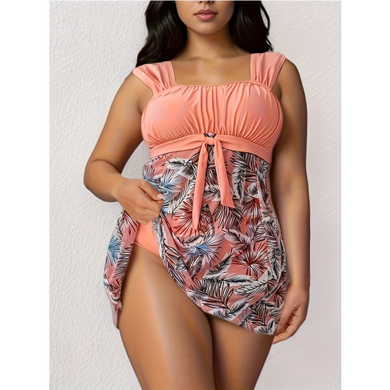 Plus-size dvodijelni bikini bez rukava s ulošcima za dojke, visokim strukom, jednobojni uzorak, donji dio s suknjom