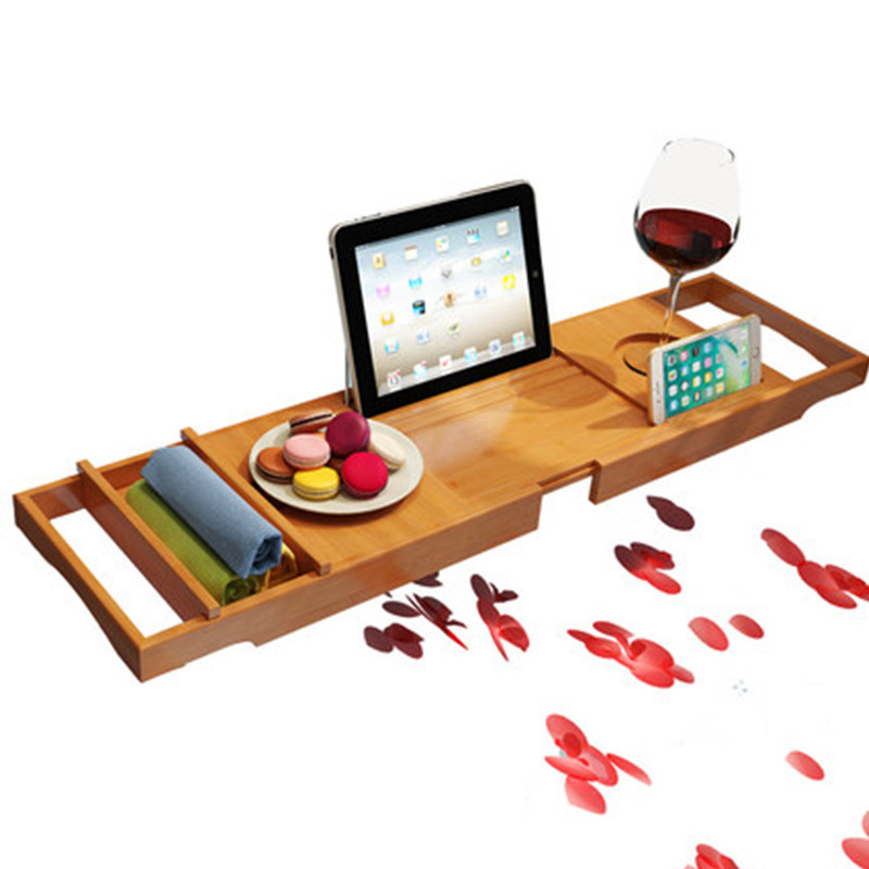 Bambukinis vonios kambario laikiklis su teleskopiniu dizainu, telefono laikiklis ir neslidus pagrindas