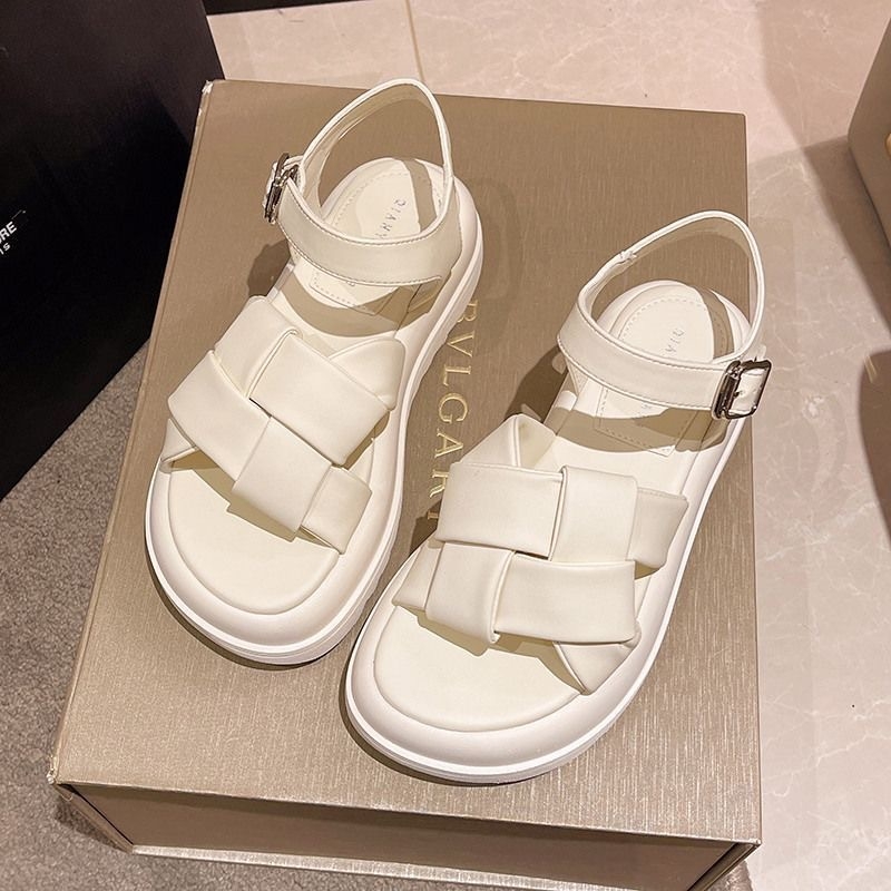 Sieviešu platformas sandales ar sprādzu, PU augšdaļa, gumijas zole, pirksta forma – zivju mute, vienkāršs stils, pludmales ikdiena, 2024 vasara