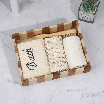Подаръчен комплект за вана — памучно-ленени квадратни кърпи, бродирани, дървена кутия, 4 части, персонализирани