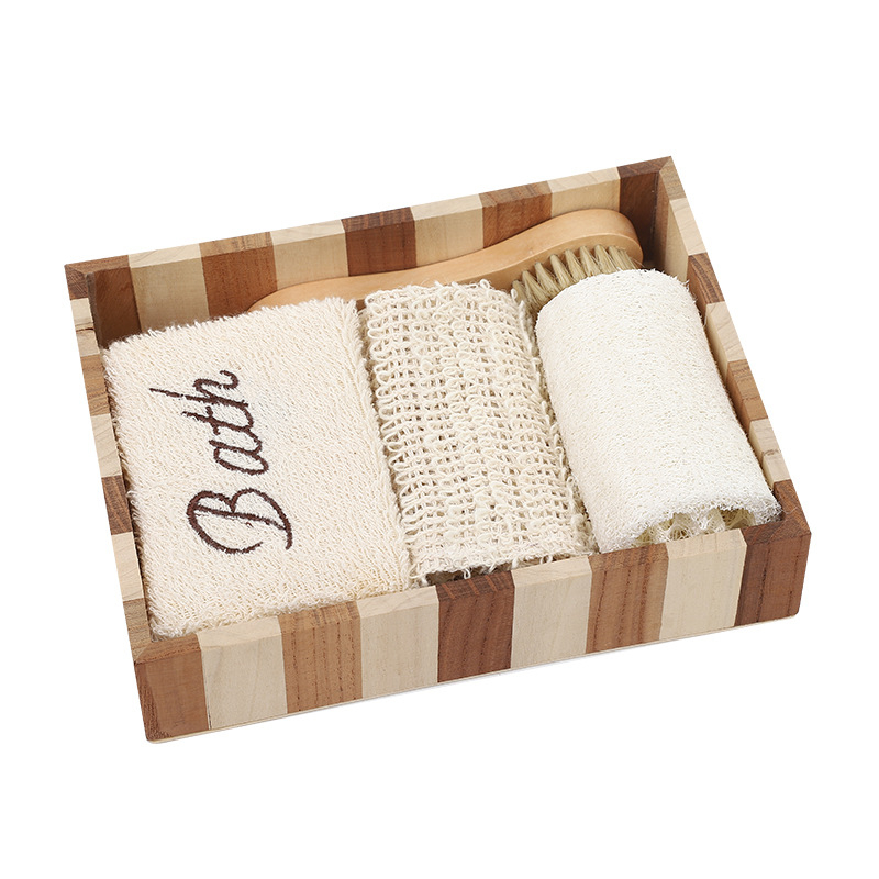 Подаръчен комплект за вана — памучно-ленени квадратни кърпи, бродирани, дървена кутия, 4 части, персонализирани