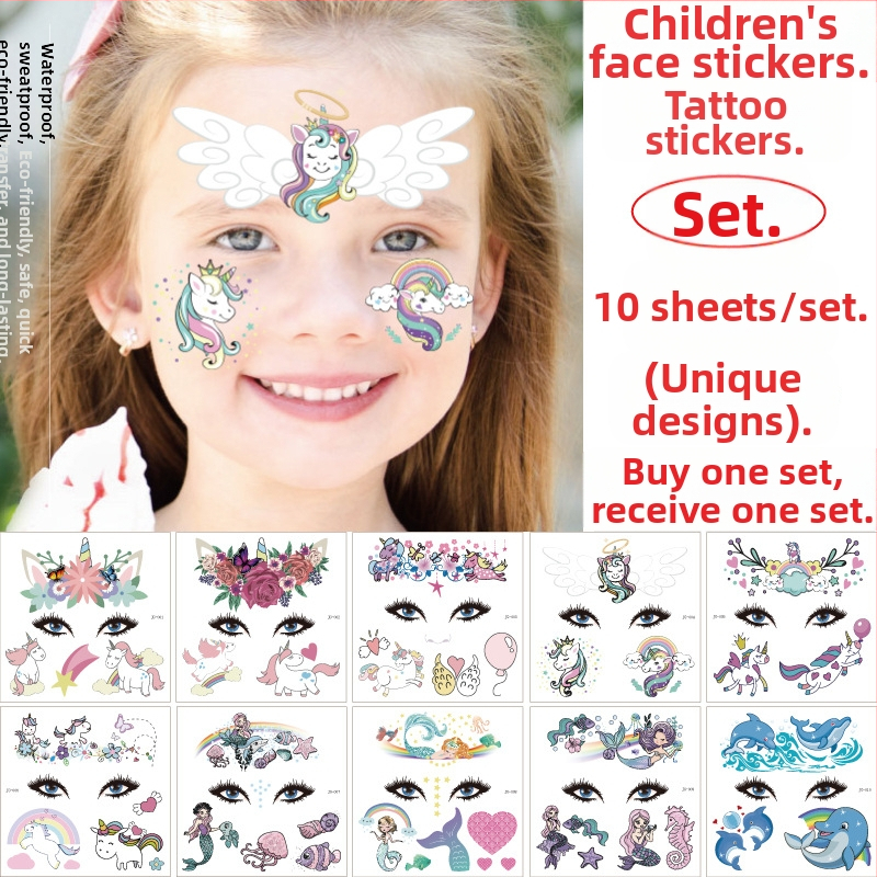 Αυτοκόλλητα τατουάζ προσώπου για παιδιά – σχέδιο γοργόνας και μονόκερου, μεταφορικό αυτοκόλλητο, κρεμαστά διακοσμητικά