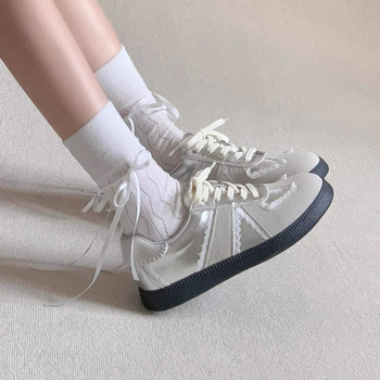 Γυναικεία Δερμάτινα Αθλητικά Παπούτσια, Σχέδιο με Χρωματικό Συνδυασμό, Στρογγυλή μύτης, Καουτσούκ Σόλα, Μεσαίο Ύψος Τακουνιού 3-5 εκ