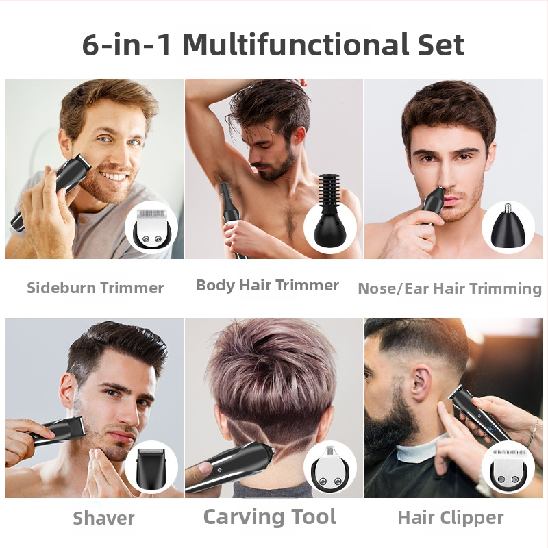 Шест в едно многофункционално електрическо подстригване с LCD дисплей; ABS корпус; включва ножици за карвинг, тример за вежди и комплект за бръснене