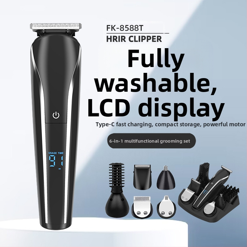 Шест в едно многофункционално електрическо подстригване с LCD дисплей; ABS корпус; включва ножици за карвинг, тример за вежди и комплект за бръснене