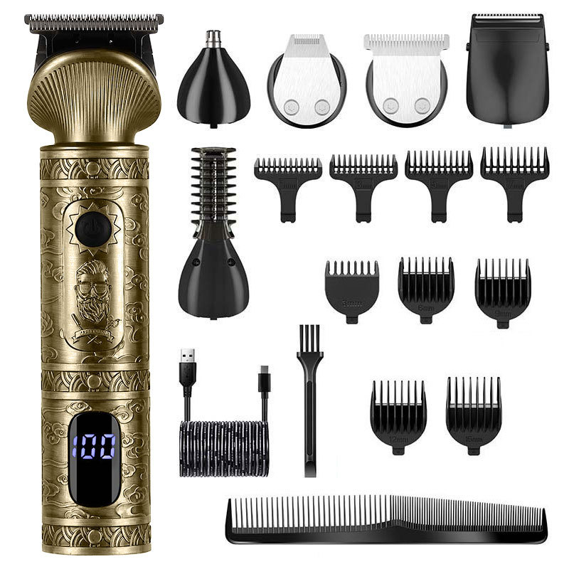 Elektrinis plaukų kirpimo įrenginys 6-1 su vintage graviruotu dizainu, modelis 5618, šepečių variklis, nerūdijančio plieno peiliai, įmontuota baterija 1200–2000 mAh, veikimo laikas 1–3 val