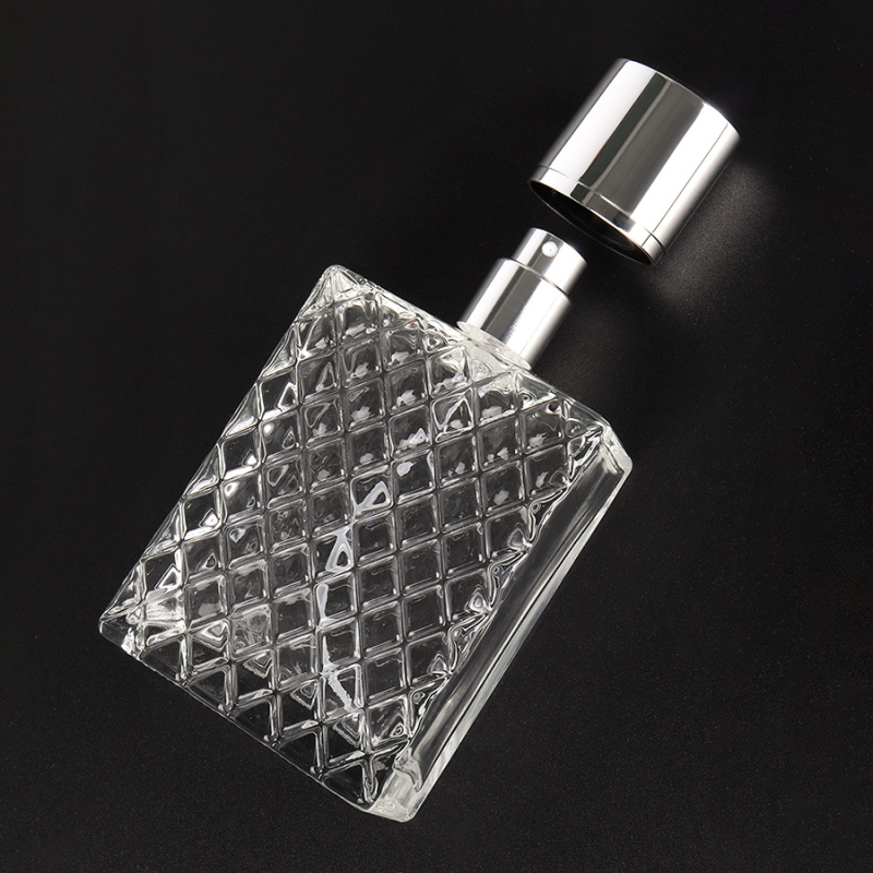 Bočica za nadopunu parfema – 100 ml, staklena, proziran karirani uzorak, puhana boca, prazna bočica za parfem, dinorag