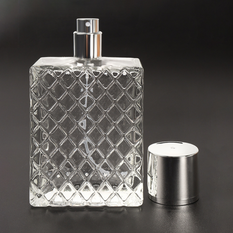 Bočica za nadopunu parfema – 100 ml, staklena, proziran karirani uzorak, puhana boca, prazna bočica za parfem, dinorag