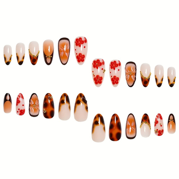 Νύχια σε σχήμα αμυγδάλου για επικόλληση με gradient σχέδιο σε λουλούδια και λεοπάρ μοτίβο, εύκολα αφαιρούμενα