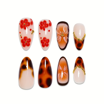Νύχια σε σχήμα αμυγδάλου για επικόλληση με gradient σχέδιο σε λουλούδια και λεοπάρ μοτίβο, εύκολα αφαιρούμενα
