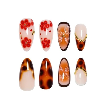 Νύχια σε σχήμα αμυγδάλου για επικόλληση με gradient σχέδιο σε λουλούδια και λεοπάρ μοτίβο, εύκολα αφαιρούμενα