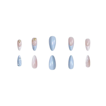 Σετ ψεύτικών νυχιών 24 τεμάχια, 3D θαλάσσιο στυλ με κοχύλια, αμυγδαλόμορφη μορφή, διακόσμηση με μαργαριτάρια και αστέρια