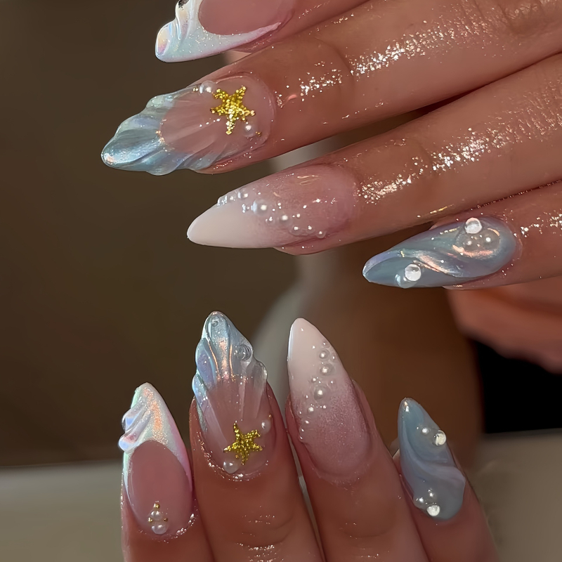24 броя комплект изкуствени нокти, 3D морски стил с черупки, бадемовидна форма, декор с перли и звезди
