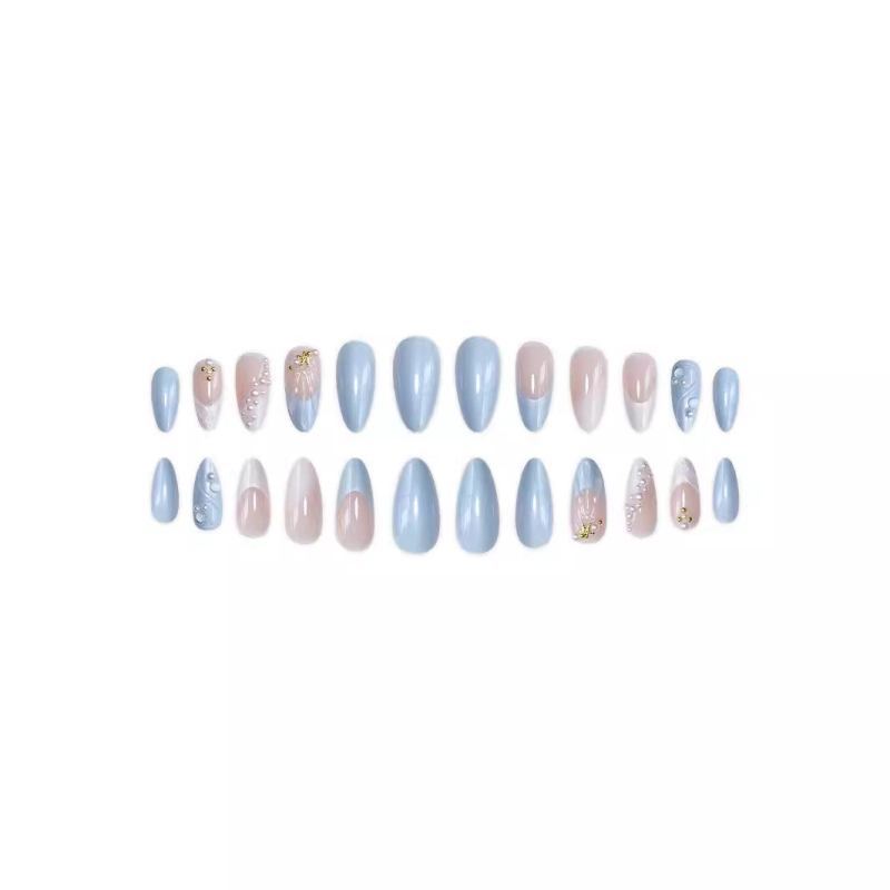 24 броя комплект изкуствени нокти, 3D морски стил с черупки, бадемовидна форма, декор с перли и звезди