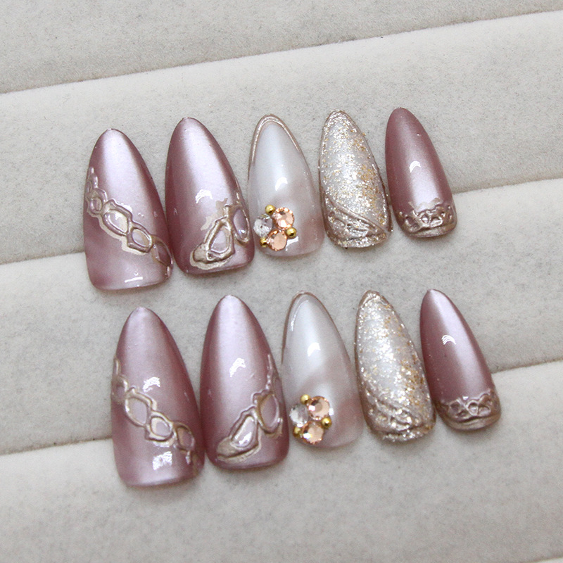 Комплект диамантени камъни за нокти – котешко око, миндалевидна форма, за носене, 24 броя