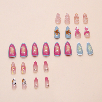 Αποσπώμενα 3D νύχια με μοτίβο αστερίας και κοχυλιού, κυματιστό σχέδιο, στυλ Instagram, οβάλ σχήματος, 24 τεμάχια