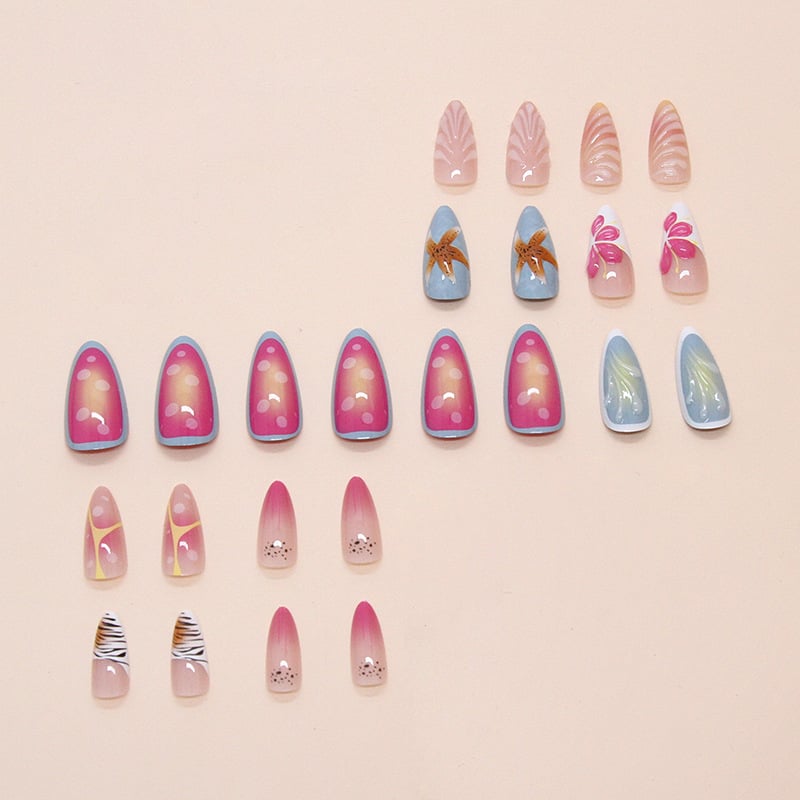 Αποσπώμενα 3D νύχια με μοτίβο αστερίας και κοχυλιού, κυματιστό σχέδιο, στυλ Instagram, οβάλ σχήματος, 24 τεμάχια