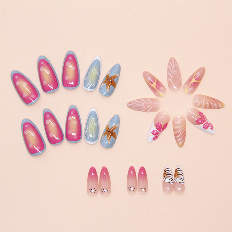 Αποσπώμενα 3D νύχια με μοτίβο αστερίας και κοχυλιού, κυματιστό σχέδιο, στυλ Instagram, οβάλ σχήματος, 24 τεμάχια