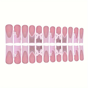 Τεχνητά νύχια με μακριά τετράγωνη φόρμα, λουλουδάτο σχέδιο και φιόγκο, έτοιμο σετ