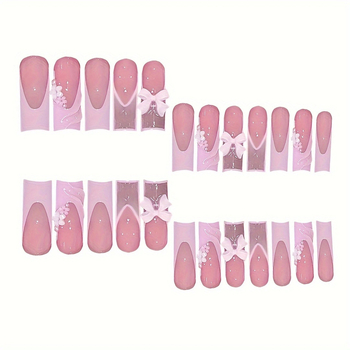 Τεχνητά νύχια με μακριά τετράγωνη φόρμα, λουλουδάτο σχέδιο και φιόγκο, έτοιμο σετ