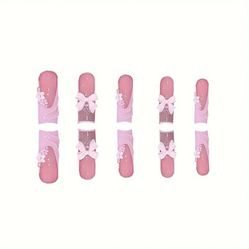 Τεχνητά νύχια με μακριά τετράγωνη φόρμα, λουλουδάτο σχέδιο και φιόγκο, έτοιμο σετ