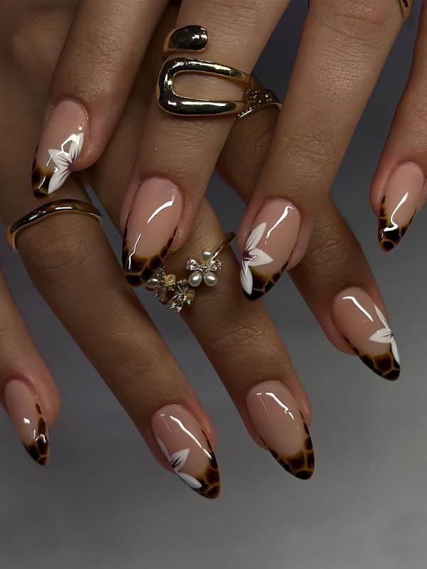 Изкуствени прес-нокти с форма на бадем, къси, сваляеми, флорално леопардов принт, за дами