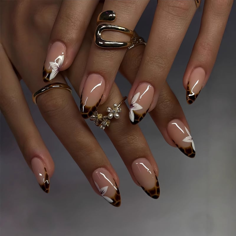 Изкуствени прес-нокти с форма на бадем, къси, сваляеми, флорално леопардов принт, за дами