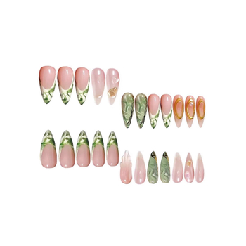 Χειροποίητες κοντές άκρες νυχιών σε σχήμα αμυγδάλου, με διακοσμητικά κρύσταλλα, λεοπάρ floral σχέδιο