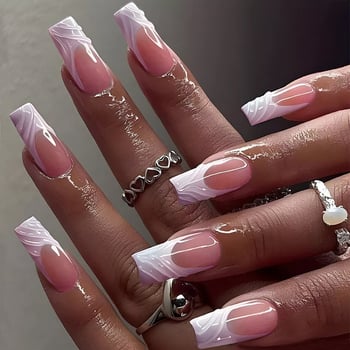 Kézzel készített francia stílusú marmor mintás köröm matrica készlet, 24 darabos, viselhető – Miss Bloom