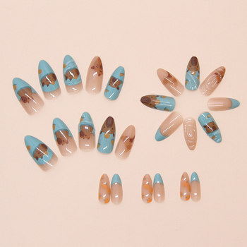 Αποσπώμενα νύχια σε σχήμα αμυγδάλου με 3D σχέδιο ζωώδους χαρακτήρα, γαλλικού στυλ, φορέσιμα κομμάτια μανικιούρ