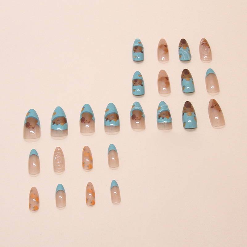 Сменяеми ноктопластини с бадемовидна форма и 3D животински дизайн, френски стил, носими маникюрни части