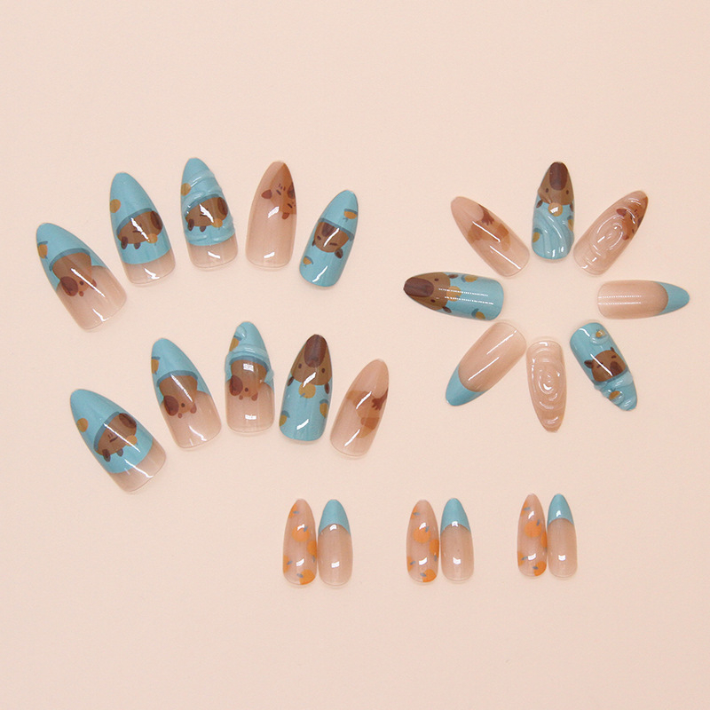 Сменяеми ноктопластини с бадемовидна форма и 3D животински дизайн, френски стил, носими маникюрни части