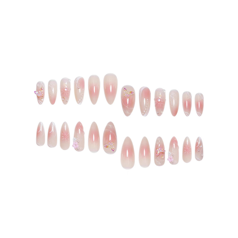 Mandula alakú műkörmök 3D virágos–pillangó mintázattal, levehető, kész készlet