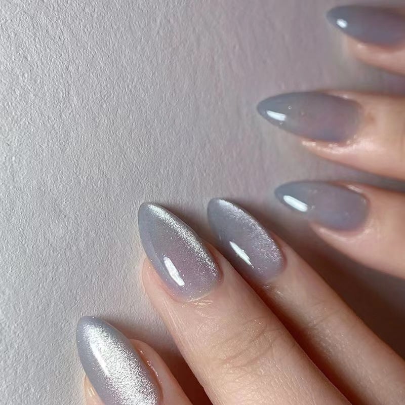 Egyszínű macskaszem mandula alakú körömdísz, ezüst-szürke körömdísz matricák, levehető műujj bemutatóhoz