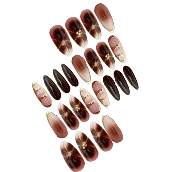 Τεχνητά νύχια σε σχήμα αμυγδάλου, σχέδιο μάρμαρο και άνθη, γλυκό στυλ, φοριούνται από κυρίες