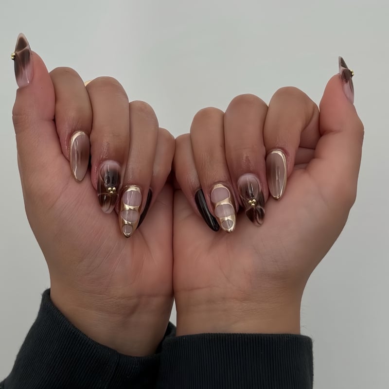 Изкуствени нокти с форма бадем, мраморен и цветен дизайн, сладък стил, носими за дами