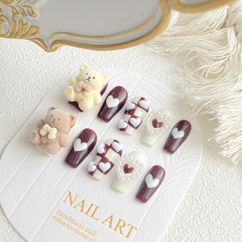 Χειροποίητες αυτοκόλλητες επικολλήσεις νυχιών – γλυκό μοτίβο αρκούδας, οβάλ μαργαριτου, μινιμαλιστικό πρωτότυπο σχέδιο