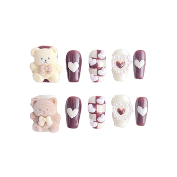 Χειροποίητες αυτοκόλλητες επικολλήσεις νυχιών – γλυκό μοτίβο αρκούδας, οβάλ μαργαριτου, μινιμαλιστικό πρωτότυπο σχέδιο